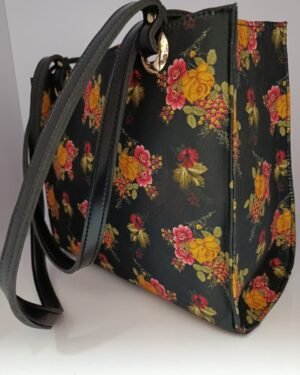 Floral Printed Canvas Tote Bag for Women – Black Handbag with Tassel Charm