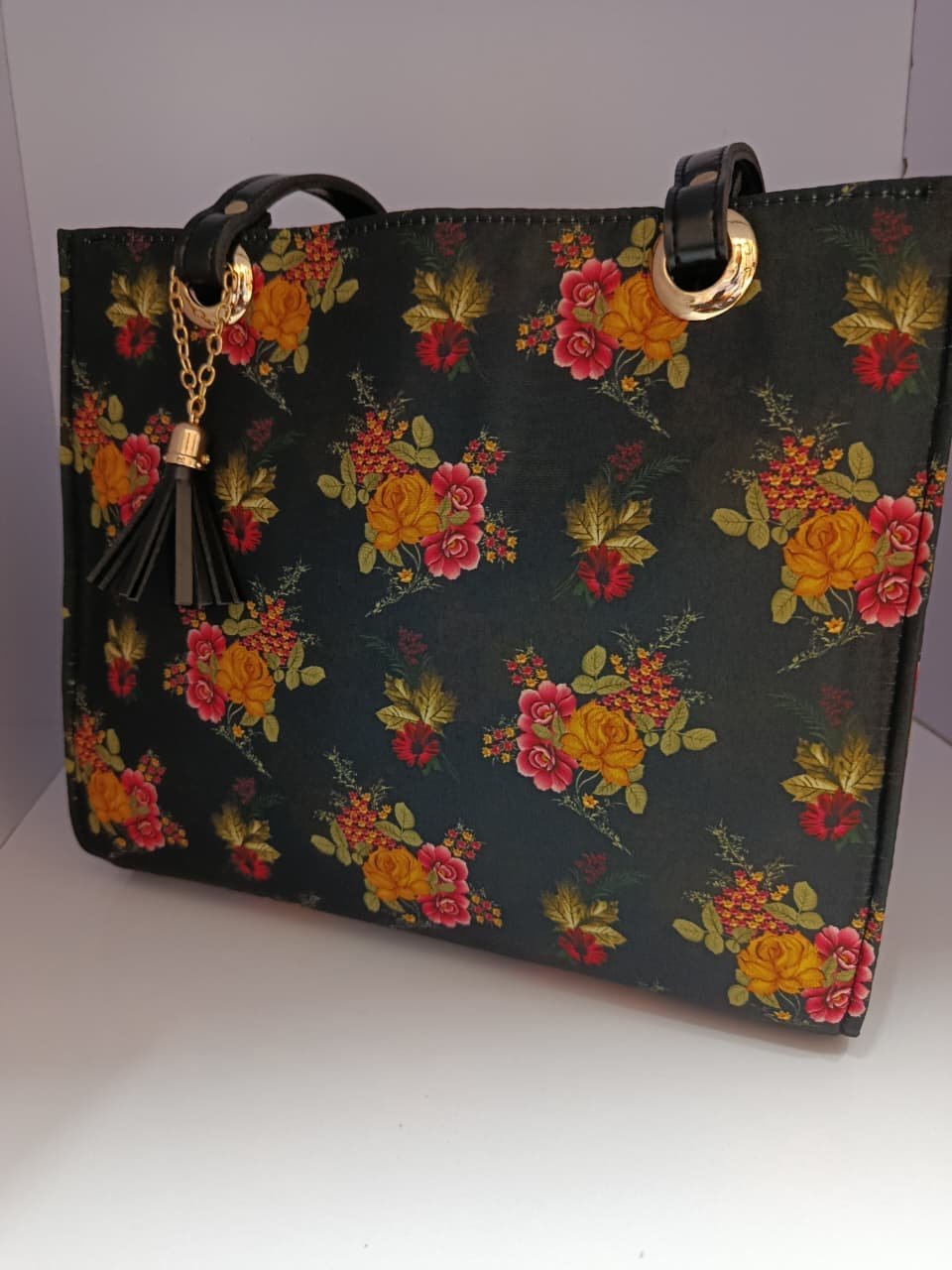Floral Printed Canvas Tote Bag for Women – Black Handbag with Tassel Charm - Image 3