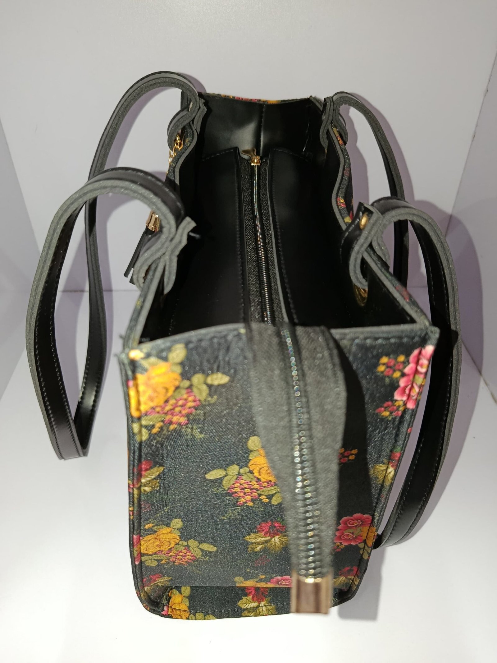 Floral Printed Canvas Tote Bag for Women – Black Handbag with Tassel Charm - Image 4