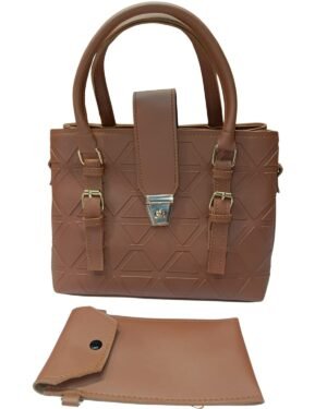 Brown Shoulder Bag with Geometric Pattern and Pouch