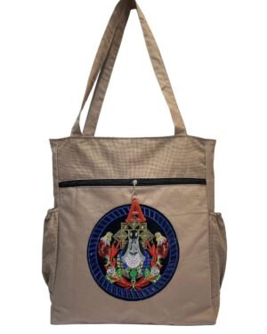 Beige Embroidered Tote Bag – Multi-Pocket Shoulder Handbag