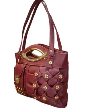Maroon Designer Handbag for Women – Stylish Shoulder & Hand Carry Bag with Golden Detailing