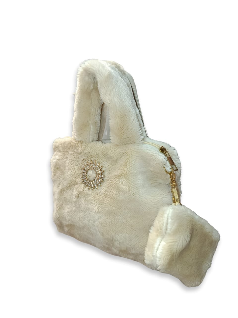 White Faux Fur Handbag for Women with Mini Pouch & Long Strap | Elegant Winter Soft Tote - Image 3