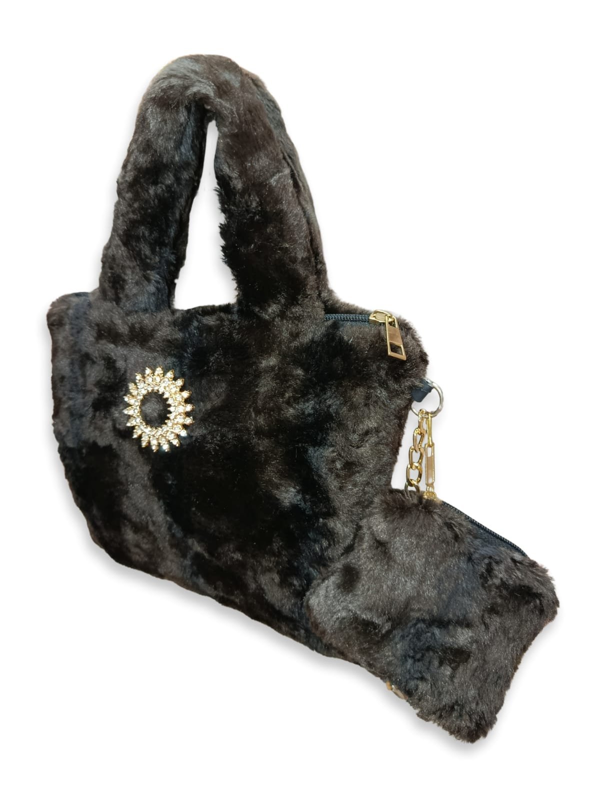 Brown Faux Fur Handbag for Women with Mini Pouch & Long Strap | Elegant Winter Soft Tote - Image 2