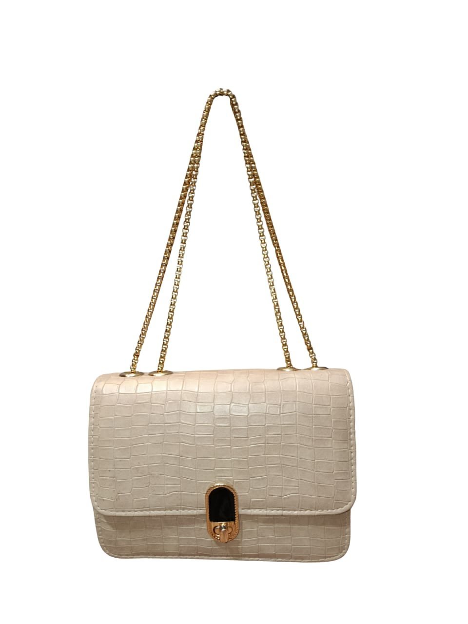 Chic Croc-Textured Beige Shoulder Bag with Golden Chain Strap - Image 4