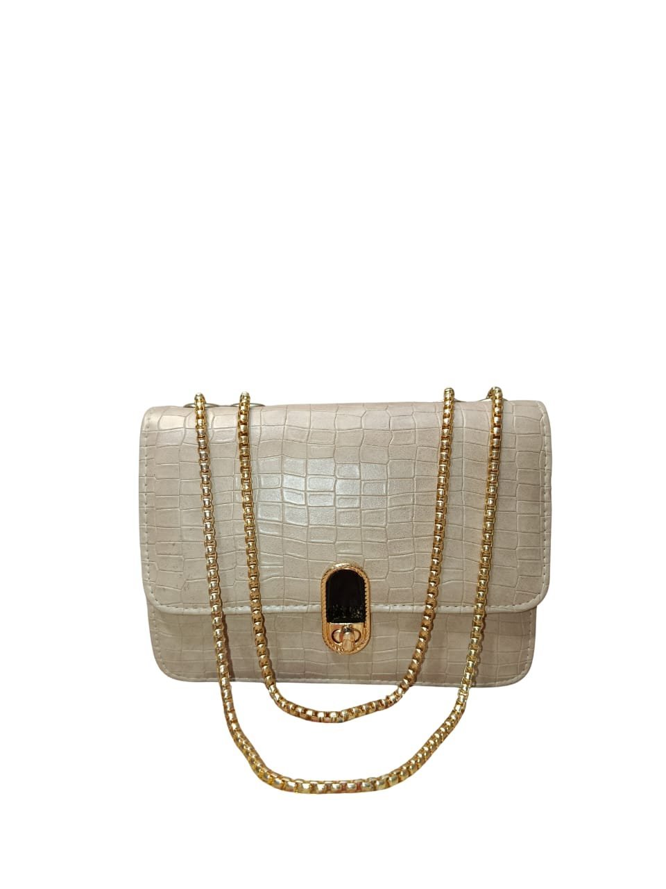 Chic Croc-Textured Beige Shoulder Bag with Golden Chain Strap - Image 2