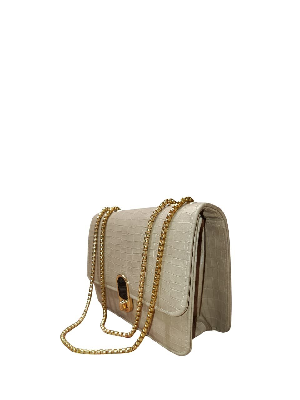 Chic Croc-Textured Beige Shoulder Bag with Golden Chain Strap - Image 3