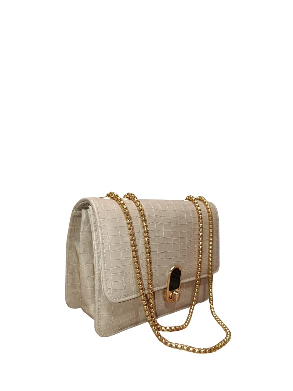 Chic Croc-Textured Beige Shoulder Bag with Golden Chain Strap - Image 6